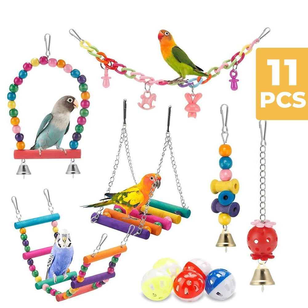 11Pcs Bird Cage Toys for Parrots Wood Birds Swing Reliable Chewable Bite Bridge Wooden Beads Shape Parrot Toy Bird Toys